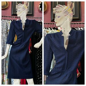 Vintage 70s Sheer Knitted Dress Blue Boho 3/4 Sleeves Retro Minimalist XS/S